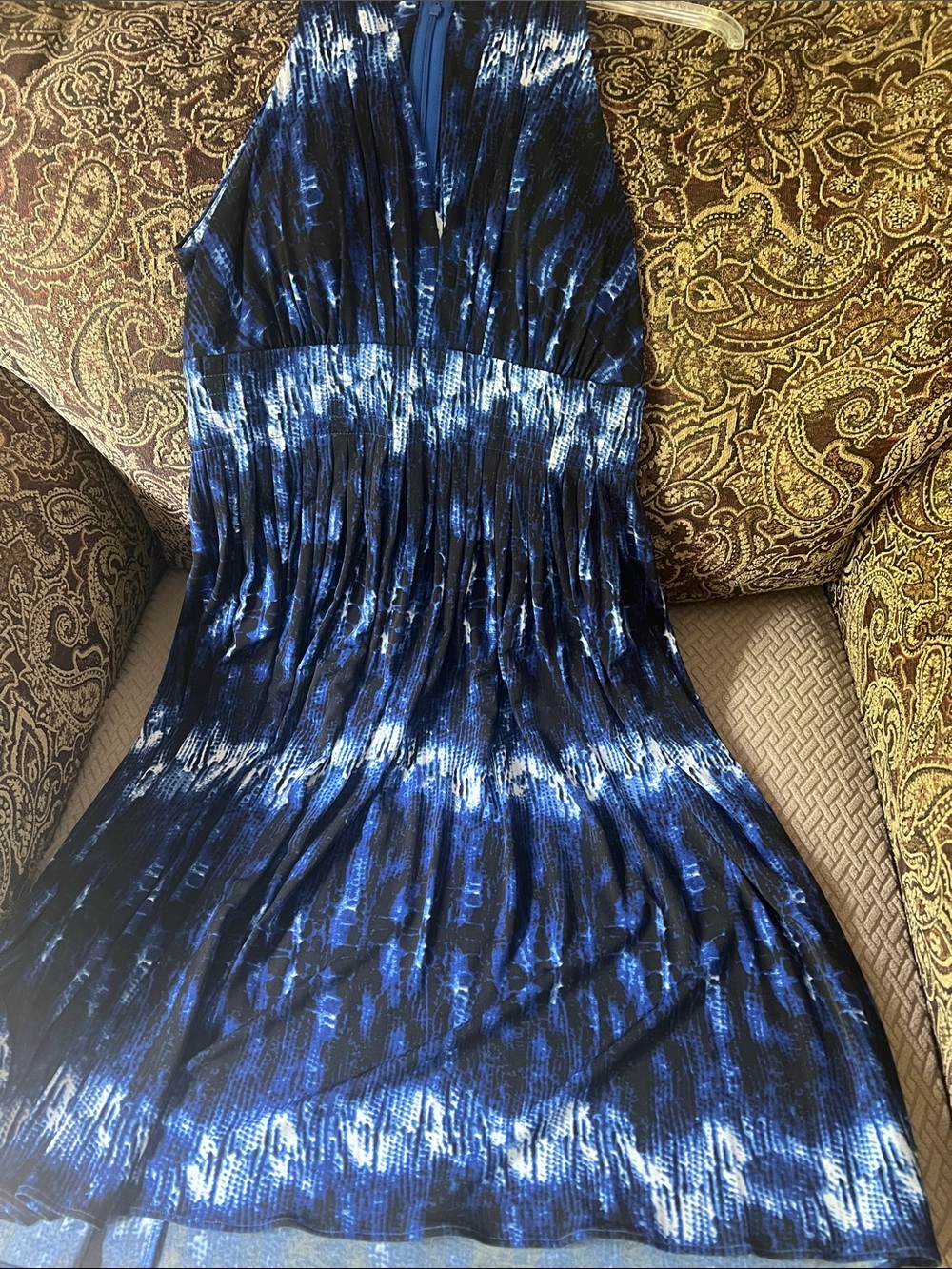 Worn x1 cruise ship. Calvin Klein Blue and Black print sleeveless dress. Size 4